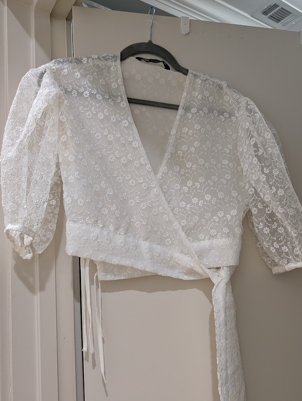 Zara White Embroidered Sheer Lace Wrap Crop Top Blouse